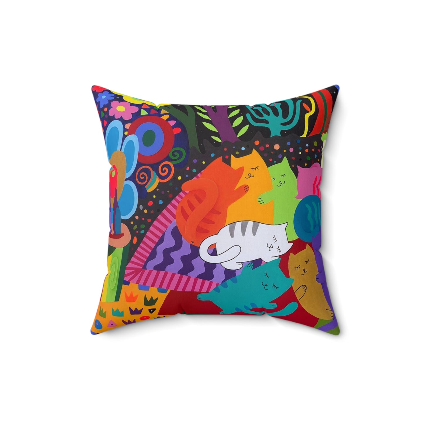 Cojín cuadrado con diseño de gato colorido: decoración vibrante para amantes de los animales