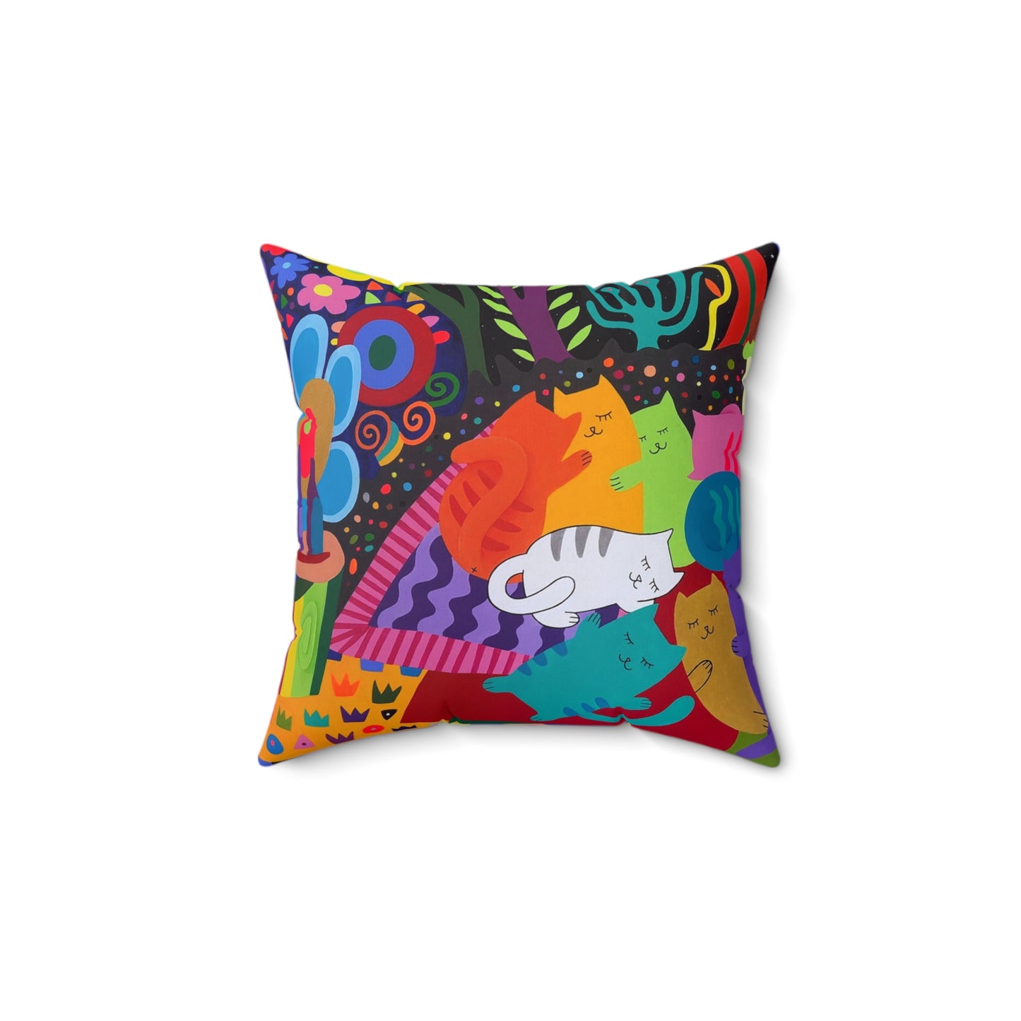 Cojín cuadrado con diseño de gato colorido: decoración vibrante para amantes de los animales