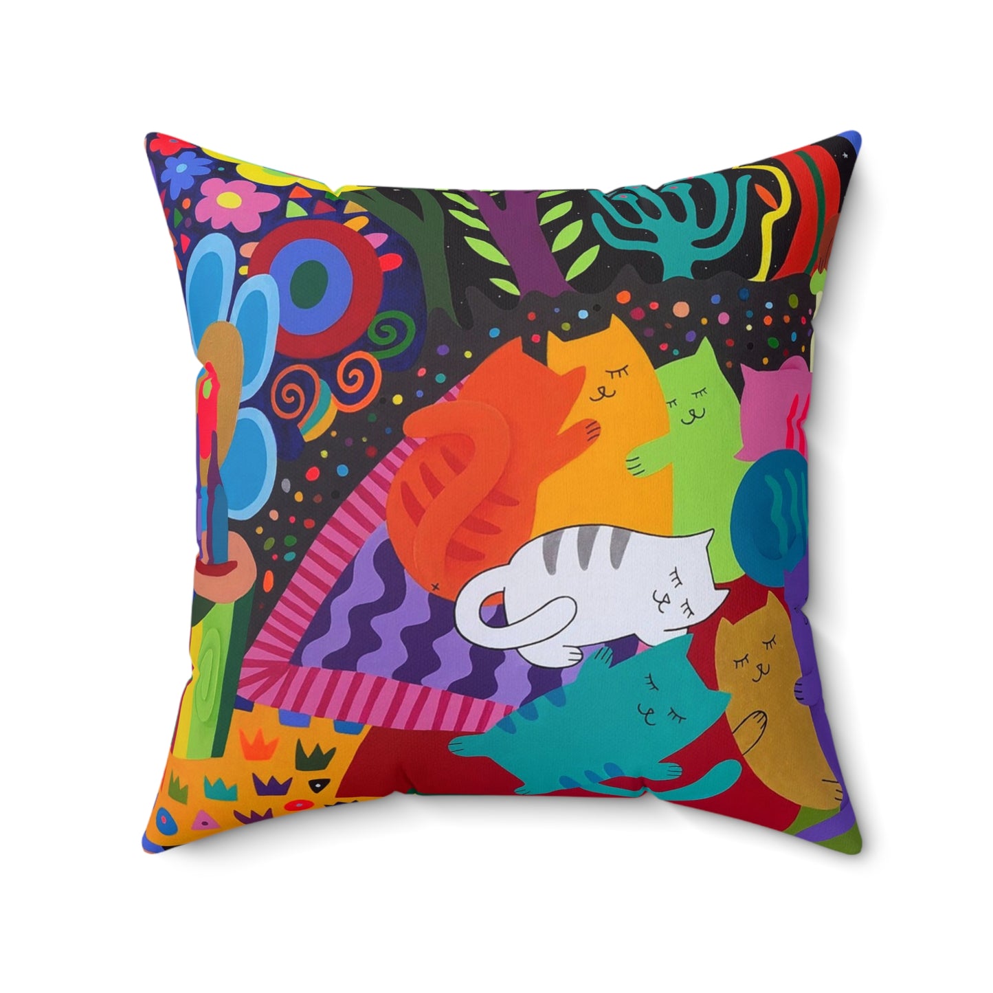 Cojín cuadrado con diseño de gato colorido: decoración vibrante para amantes de los animales