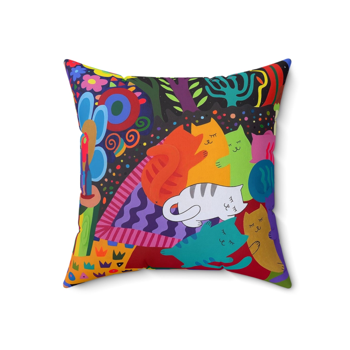 Cojín cuadrado con diseño de gato colorido: decoración vibrante para amantes de los animales