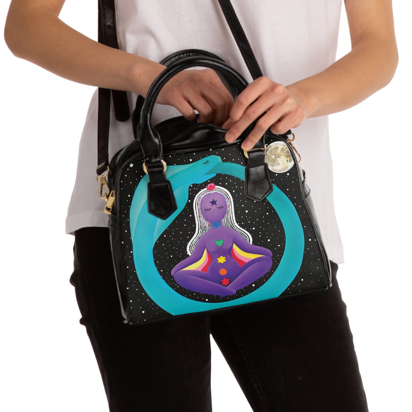Celestial Meditation Shoulder Handbag - Ethereal Yoga Vibe with Moon and Stars Design