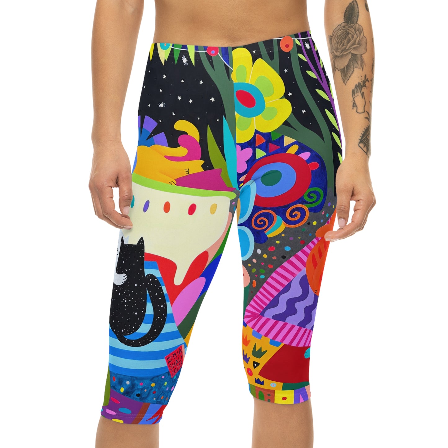 Colorful Cat-Themed Women’s Capri Leggings - Fun & Playful Design