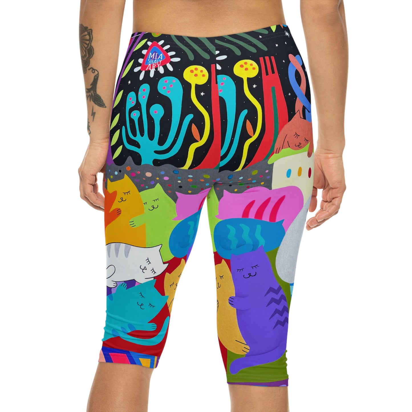 Colorful Cat-Themed Women’s Capri Leggings - Fun & Playful Design